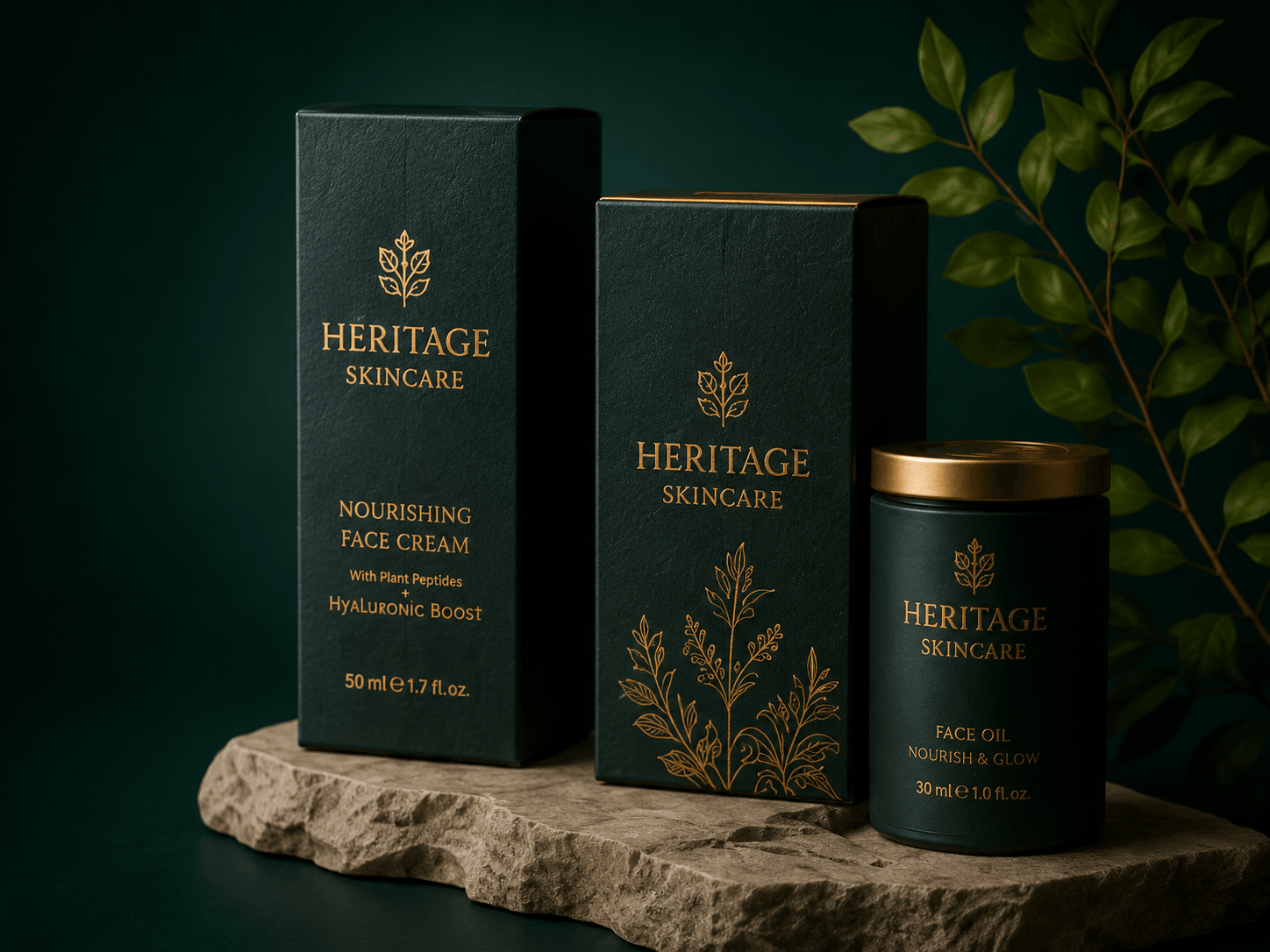 Premium skincare packaging on stone